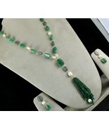 ESTATE NATURAL EMERALD TUMBLE BEADS DIAMOND PEARL 18K GOLD NECKLACE EARR... - $6,555.00