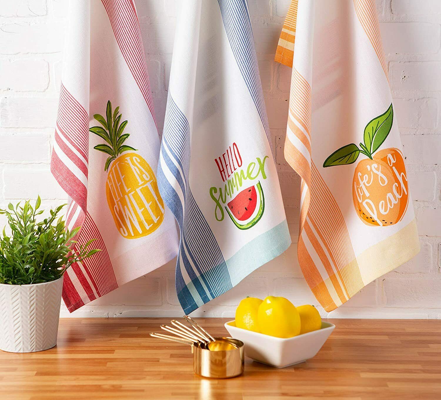 Three Fruit Themed Farmhouse Kitchen Towels Watermelon Pineapple Peach