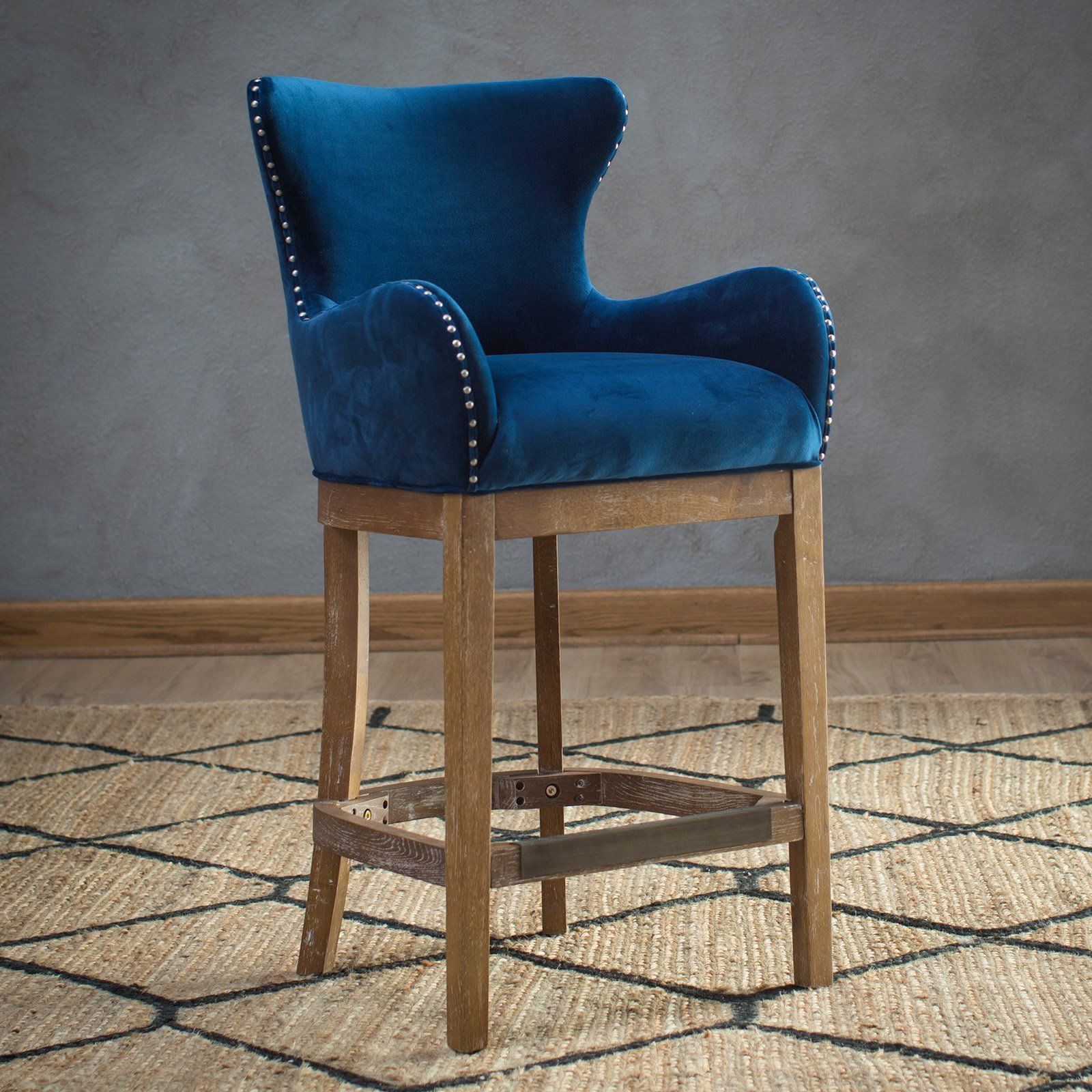 Traditional Wingback Navy Blue Fabric Upholstered Counter Stool W Back 27 Seat Bar Stools