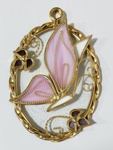 Brass Framed Pink Stained Glass Butterfly Hanging Ornament w/ Glass Back... - $37.99