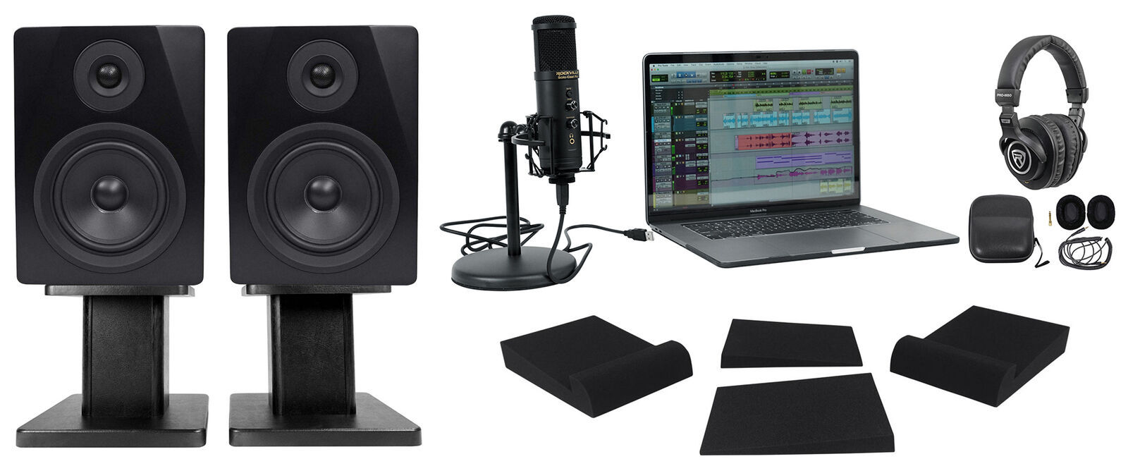 Rockville Home Recording Studio Kit w/ 5.25 Monitors+USB Mic+Headphones+Stands