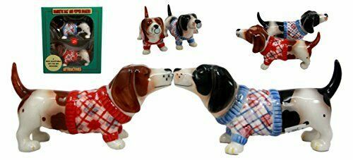 Ebros French Basset Hounds Magnetic Ceramic Salt Pepper Shakers Collectible Set