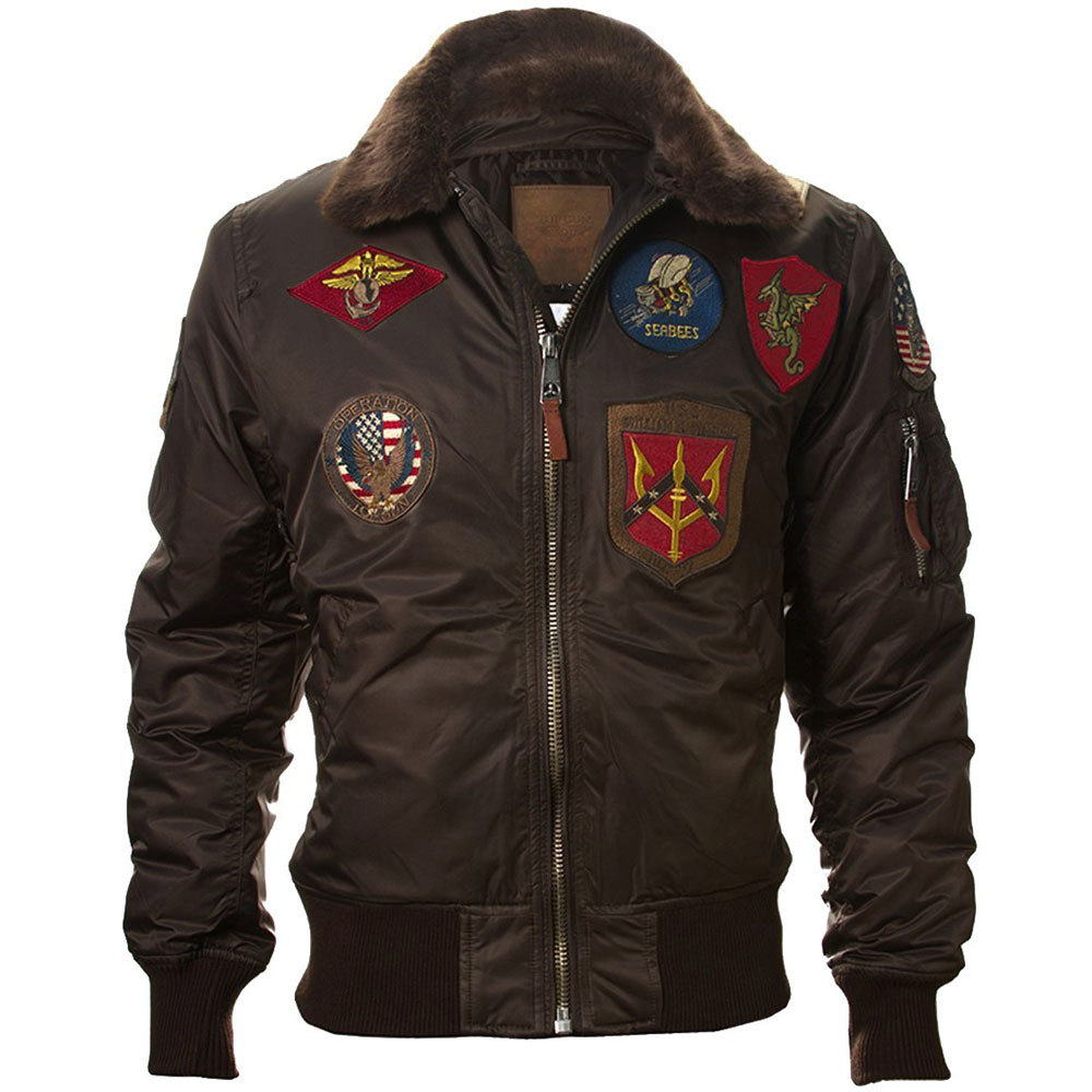 Top Gun Official B 15 Mens Flight Bomber Jacket with Patches Brown SIZE ...