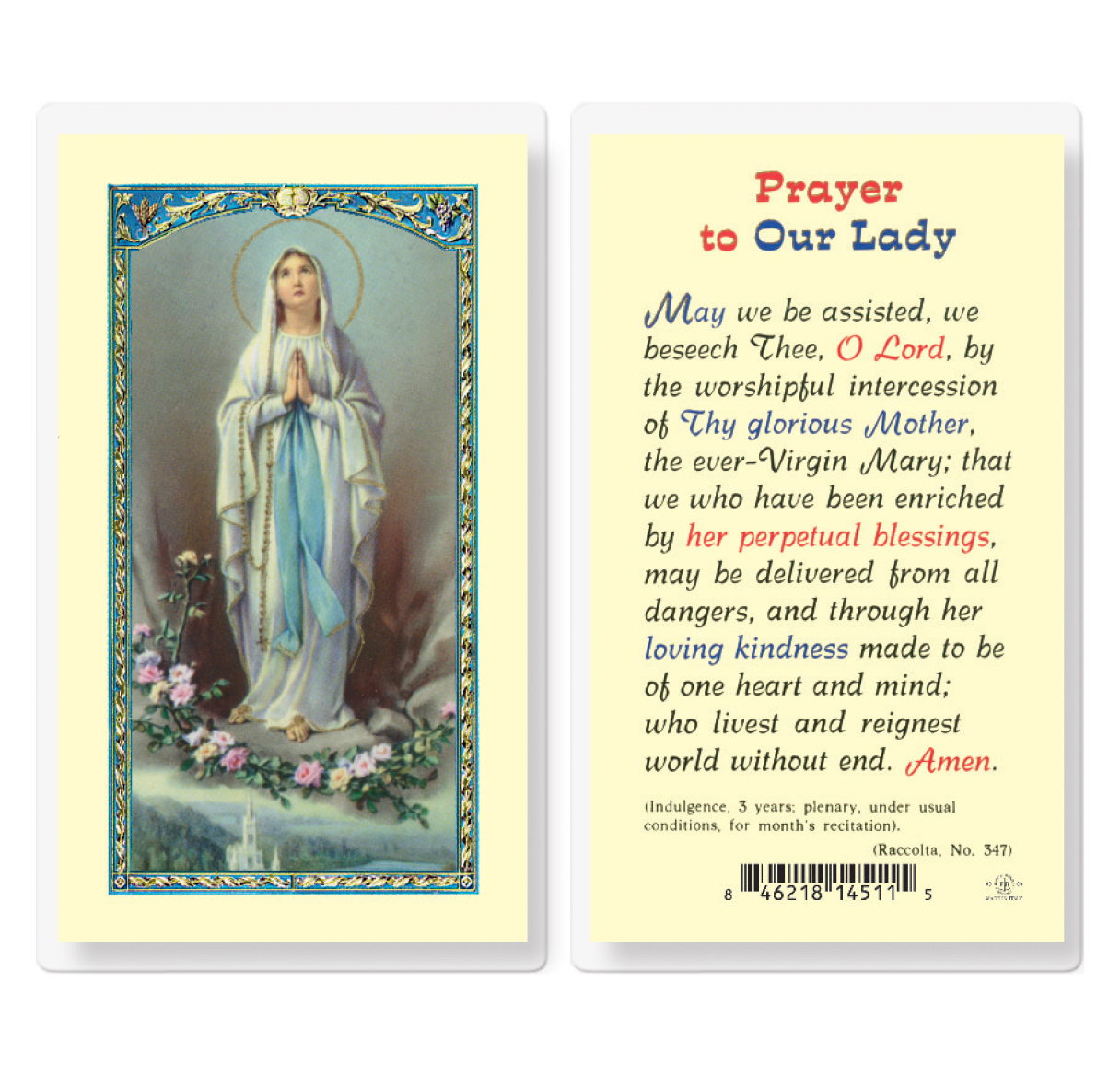 Our Lady of Lourdes Blessed Virgin Mother Laminated Prayer Holy Card 25 ...