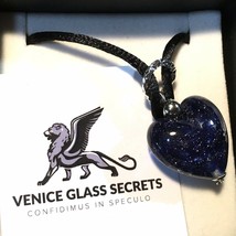 Genuine Murano Glass Puffed Heart Midnight Pendant Necklace Art Venice Italy - $19.79
