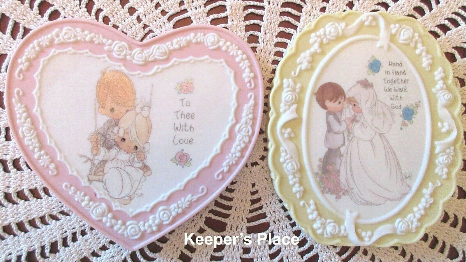 Primary image for 2 Precious Moments Small Porcelain Bisque Plaques Enesco Bride Groom Love Mint