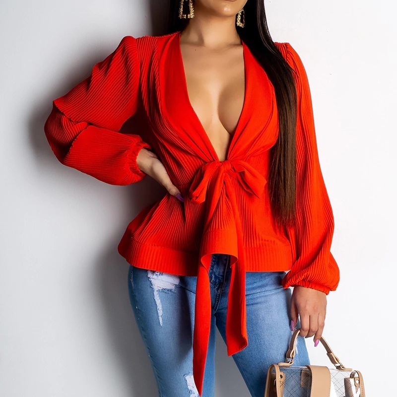 New red elegant sexy pleated women blouse wrap top deep V neck ruffle shirt