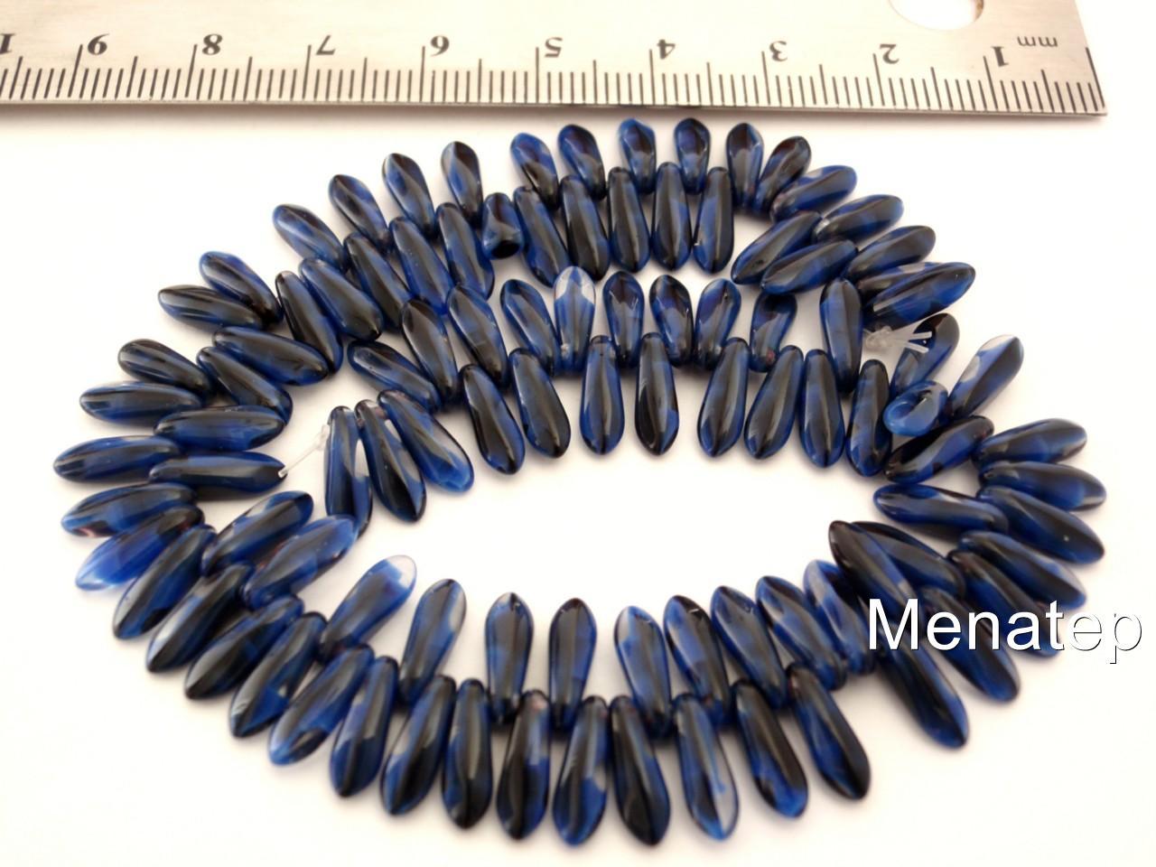 50 3 x 10 mm Czech Glass Dagger Beads: Blue With Black Swirl