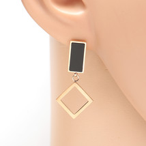 Rose Tone Drop Earrings, Jet Black Inlay & Dangling Geometric Accent - $23.99