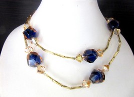 Crystal Glass Bead Necklace Fused Cobalt Blue & Gold Single Strand 27 - 30 Inche - $21.86