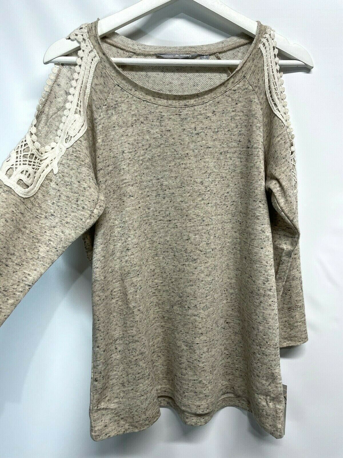 Harmony & Balance Cold Shoulder Top Lightweight Sweatshirt Tan Beige NEW S,M,XL