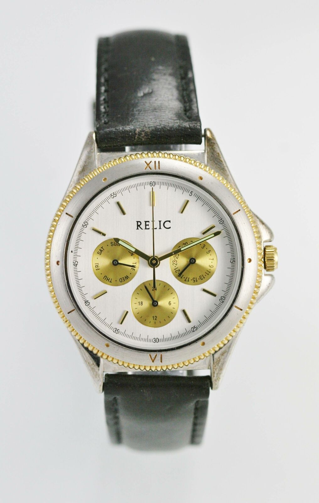 Relic Mens Watch White Stainless Silver Gold Leather Black Day Date