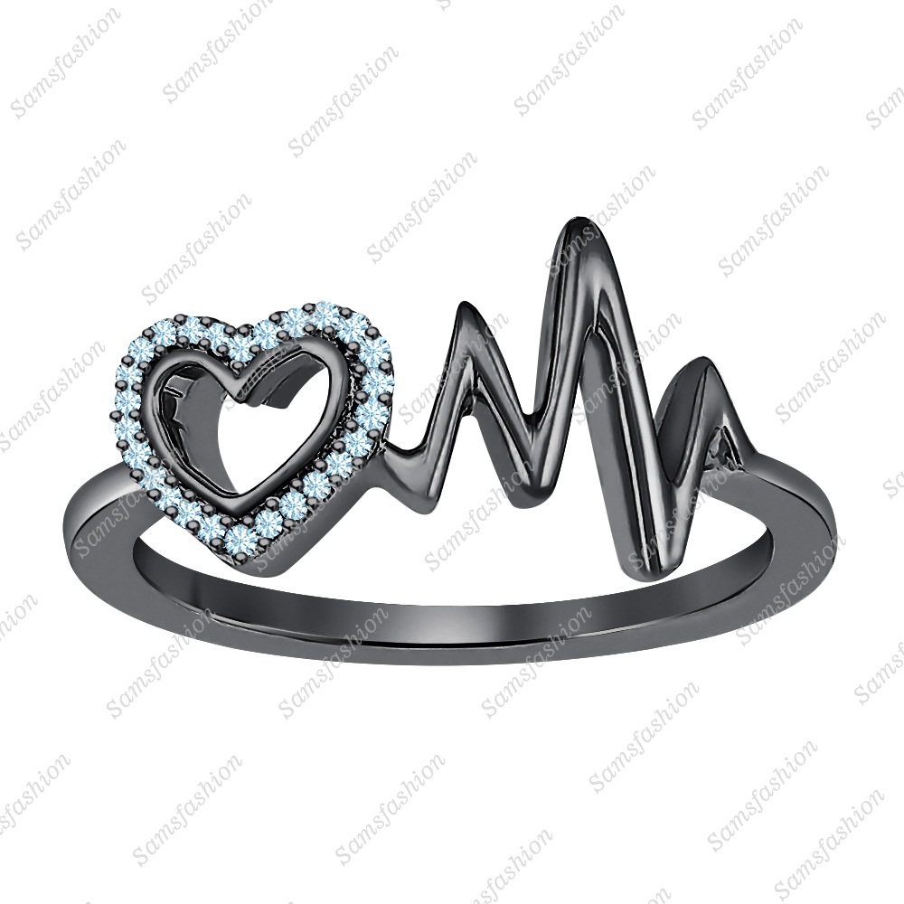14K Black Gold Over Silver 0.33ctw Round Aquamarine Lovely Heartbeat Ring