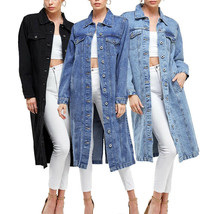 Women's Long Casual Maxi Length Denim Cotton Coat Oversize Button Up Jean Jacket