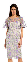 Adrianna Papell Purple Multi Floral Embroidered Sheath Dress with Sheer Sleeves - $138.60