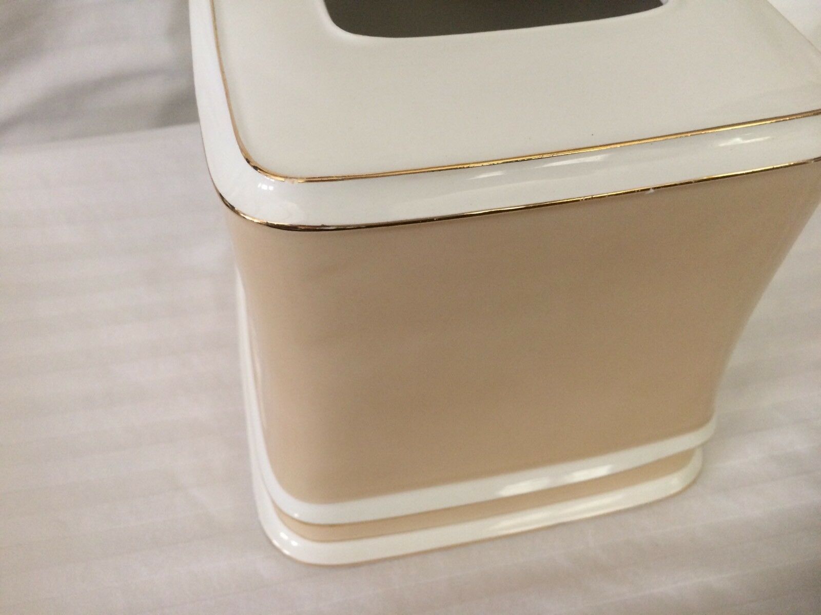 Ceramic Kleenex Tissue Box Cover White Satin & Beige w/Gold Pinstripes
