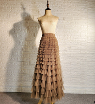 Women Tiered Tulle Maxi Skirt Outfit Brown Wedding Long Tulle Skirt Plus Size  