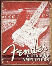 New Fender Guitars &amp; Amplifiers Decorative Metal Tin Sign Made in the USA - $11.14