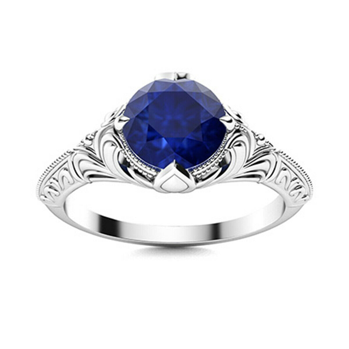 Vintage Inspired 0.75 Ctw Round Blue Sapphire 10K White Gold Wedding Ring