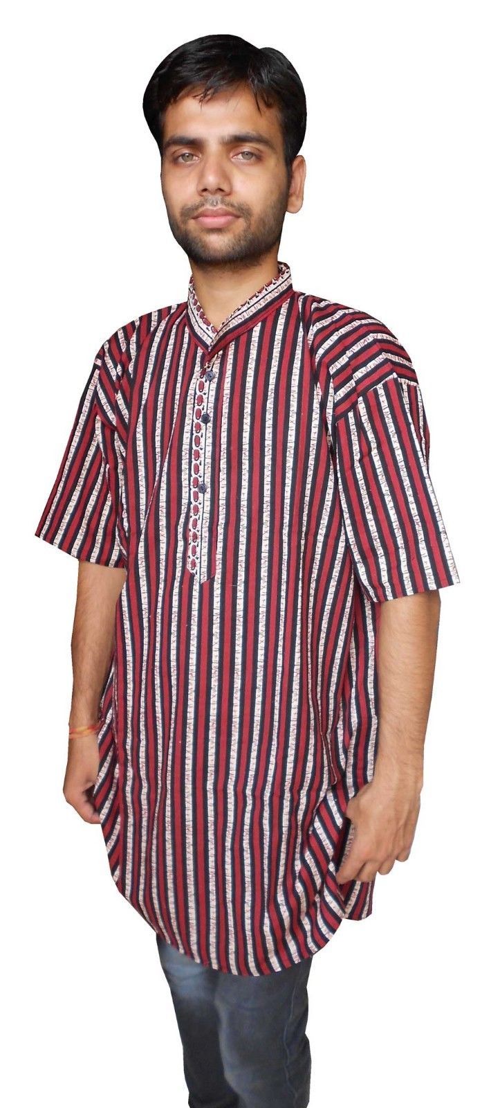 Men Kurta Short Sleeve Stripe Printed Cotton Cloth Summer Wear T-Shirt ...