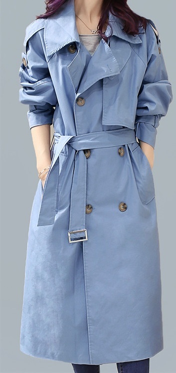 New classy sky blue double breasted women's long trench coat plus size ...