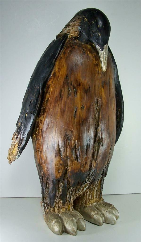 New Faux Wood Carved Brown Resin Penguin Figurine with Head Down 15