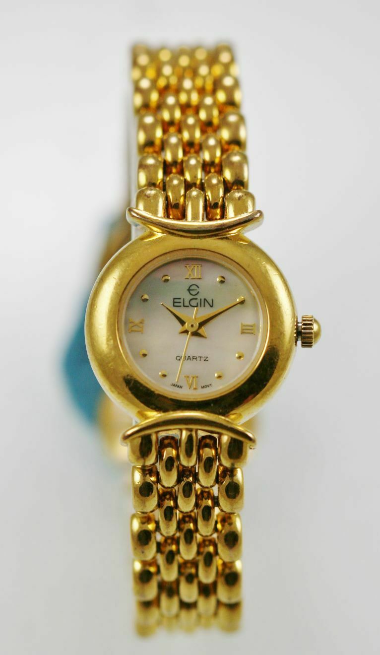 Elgin Watch Womens Stainless Gold Water Resistant Battery Easy Read MOP ...