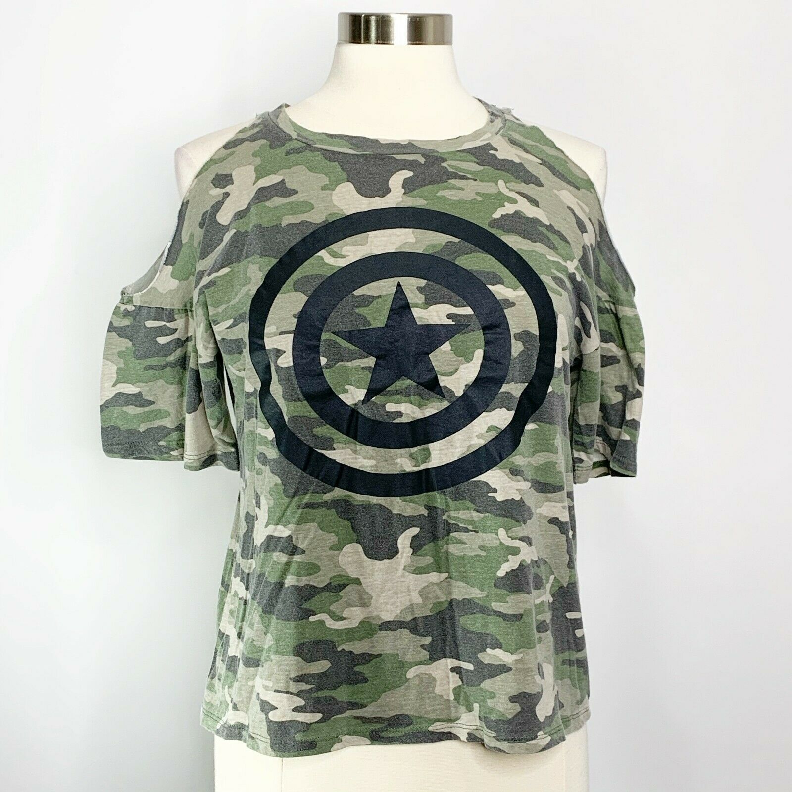 Primary image for Marvel Freeze Womens Size Small S Cold Shoulder Camo Graphic T-Shirt Cotton NEW