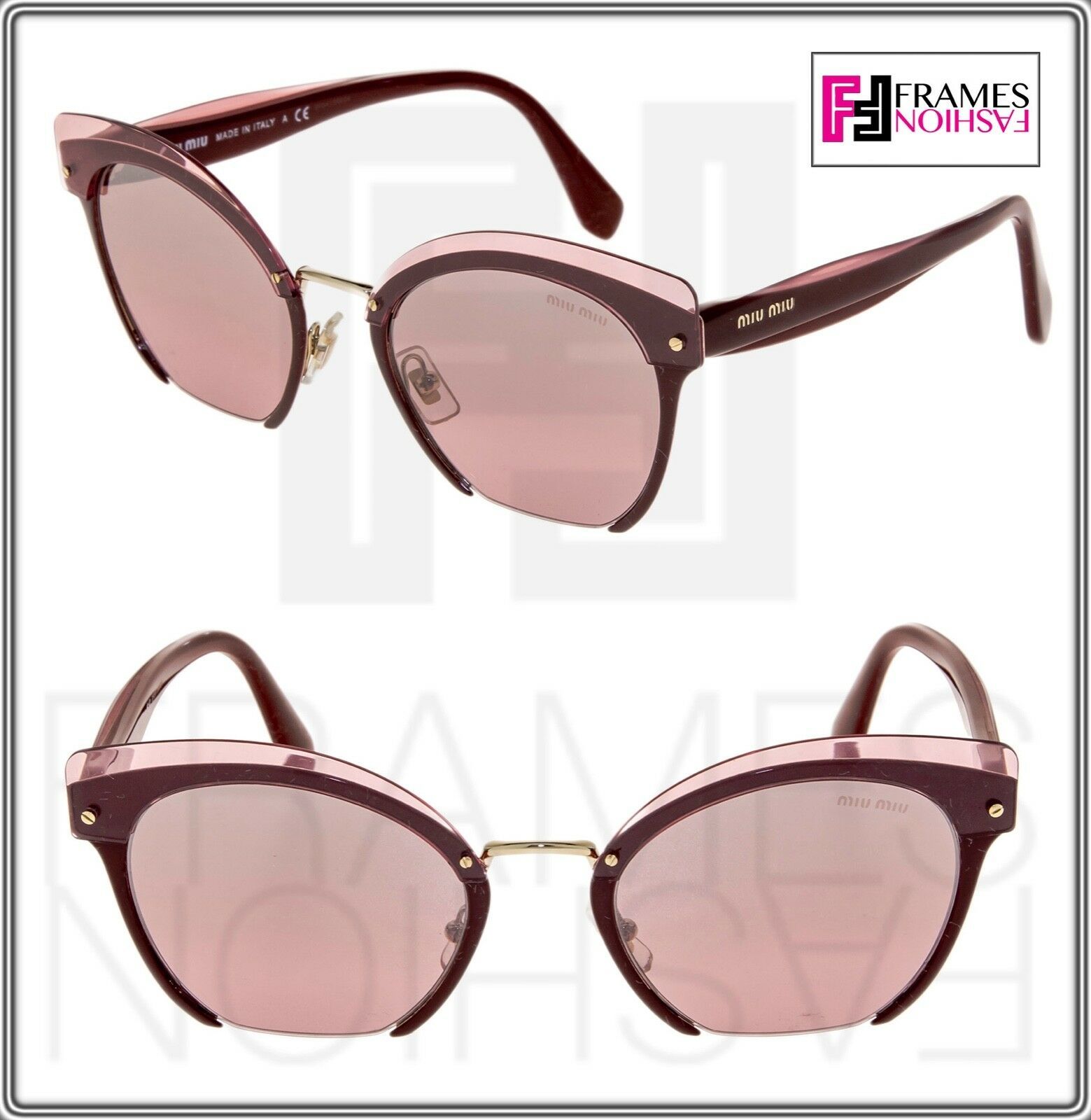 MIU MIU RASOIR 53T Layers Garnet Pink Silver Cat Eye Flat Sunglasses MU53TS