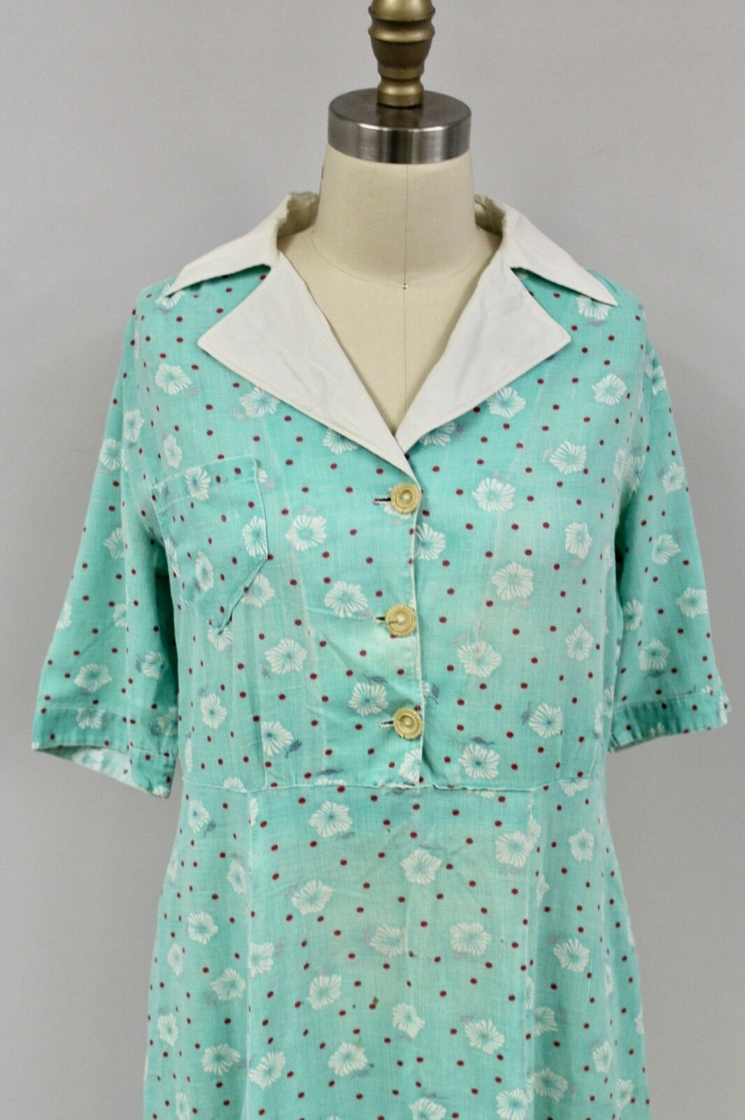 1930s Cotton House Dress S M Vintage Green White Deco Floral Print