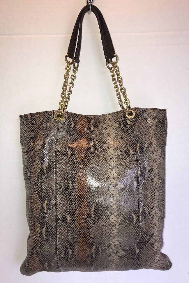 TAHARI Brown Snakeskin Embossed Leather Flat Tote Shoulder Bag Handbag ...