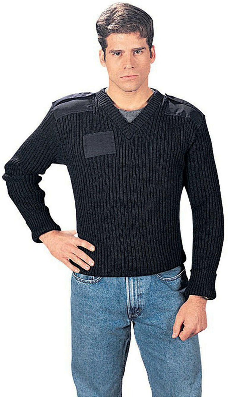 Black Wool VNeck Sweater Military Commando Uniform Epaulets Unisex