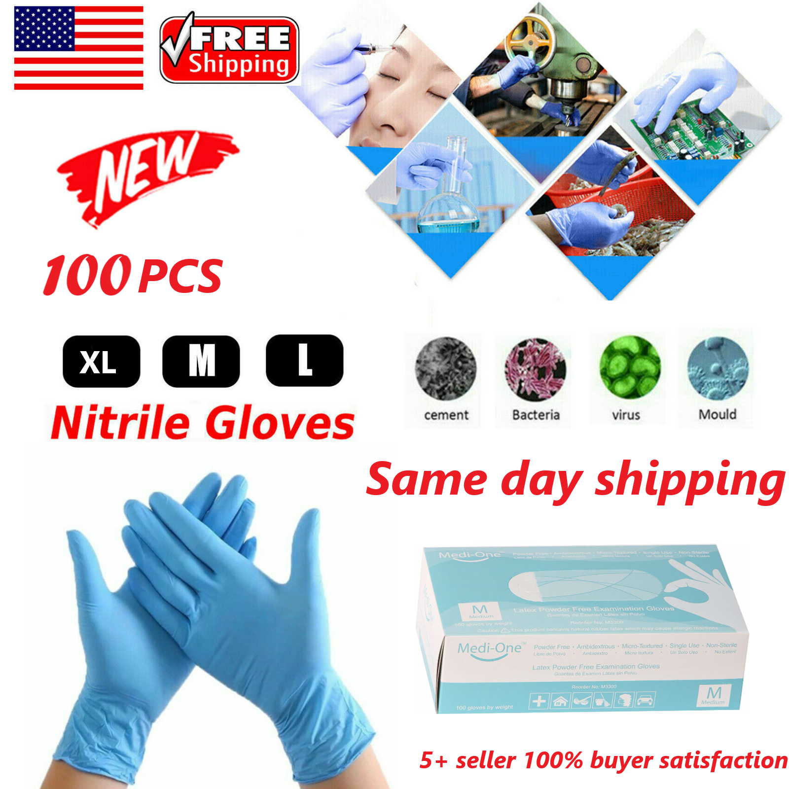 100PCS Blue Nitrile Premium Gloves *SAME DAY QUICK SHIPPING* (S- L - M - XL )