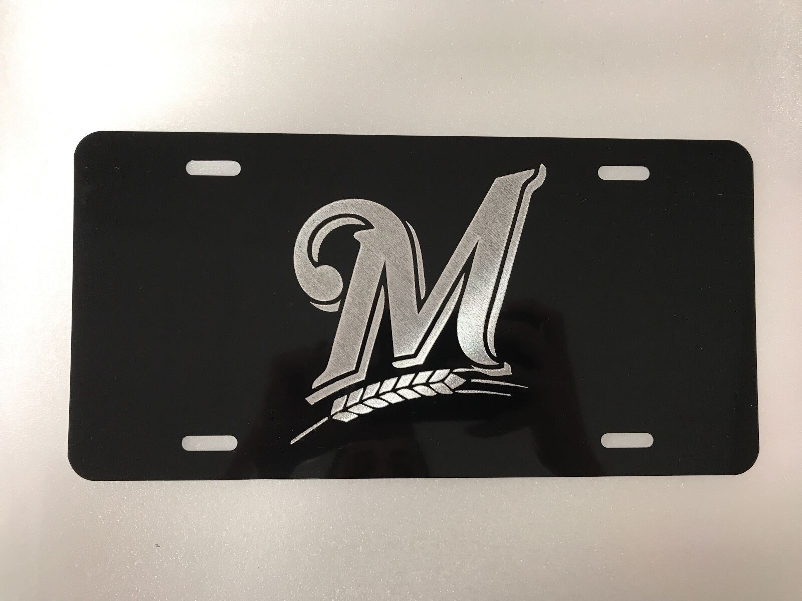 Milwaukee Brewers Logo Car Tag Diamond Etched on Black Aluminum License Plate