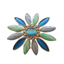 Vtg Liz Claiborne gold tone daisy flower brooch luminescent blue & green stones - $14.99