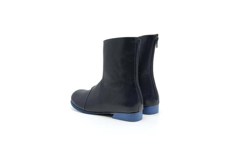 Navy Blue WomenLow Heel Wide Leather Zipper Handmade Classic High Ankle Boots