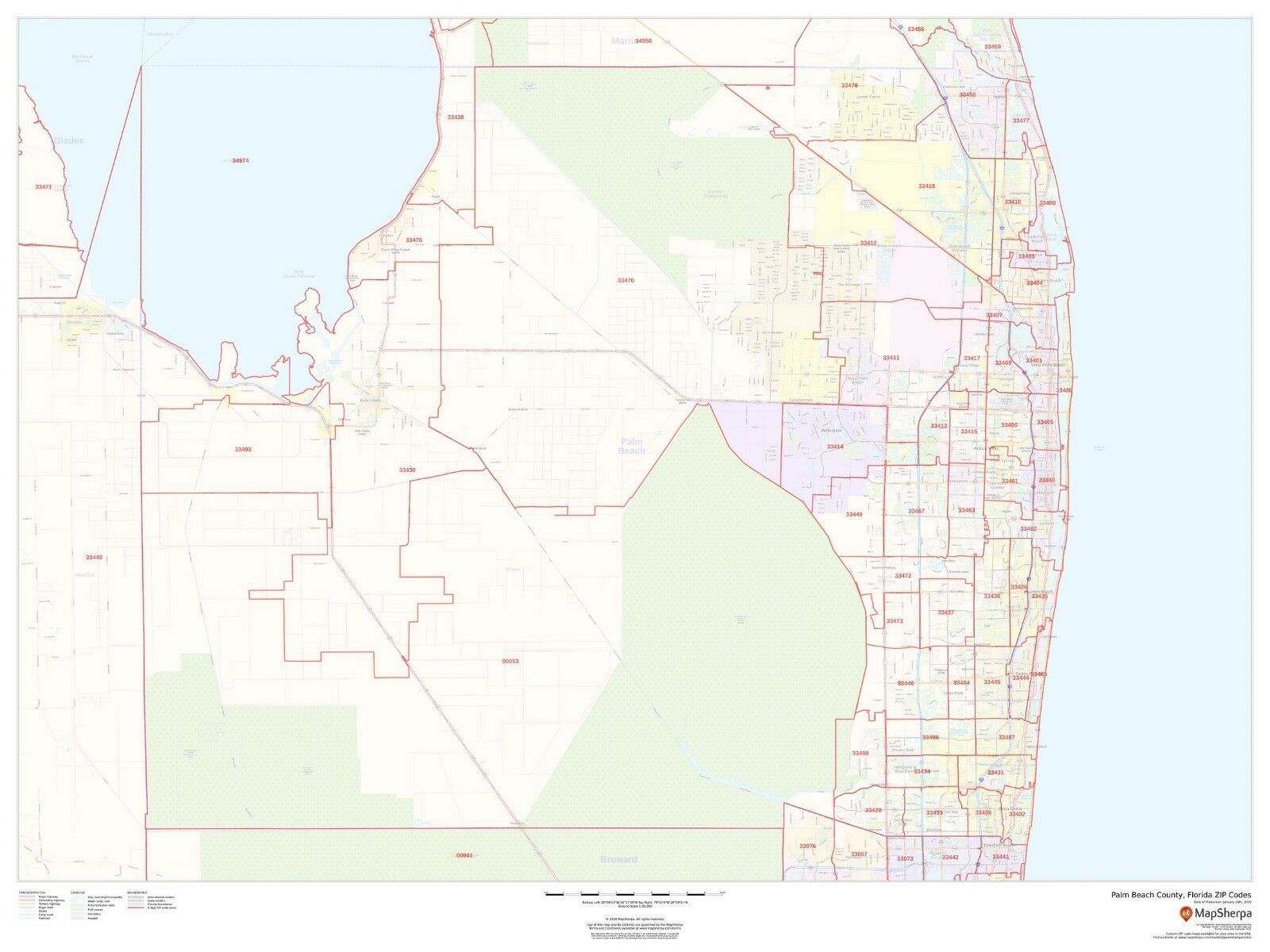 Palm Beach County, Florida ZIP Codes Laminated Wall Map (MSH) - US