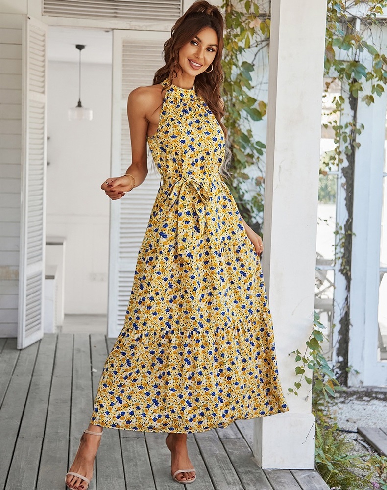 New yellow and blue floral halter neck A line sleeveless long women dress