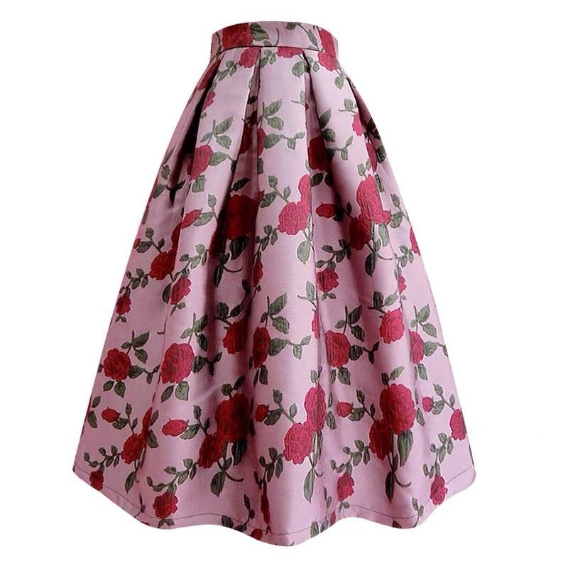 Pink Rose Flower Midi Skirt Plus Size Elegant A-line Pleated Midi Party ...