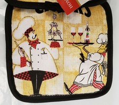 Set of 2 Same Printed Kitchen Pot Holders, 2 FAT CHEFS CHEERS, w/ black ... - $7.91
