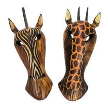 10" Pair of Giraffe and Zebra Hand Carved Tribal Head Masks - $27.66