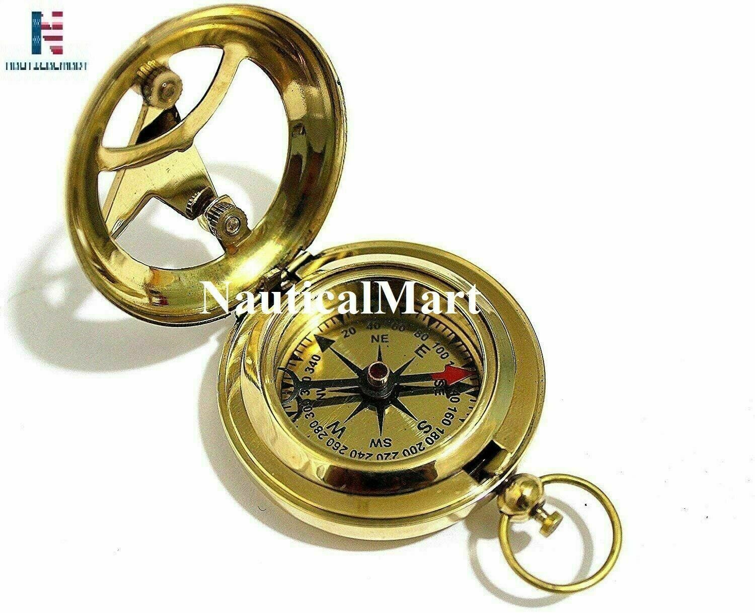 Shiny Brass Sundial Push Button Compass Maritime Vintage Pocket Compass Gift 2" 
