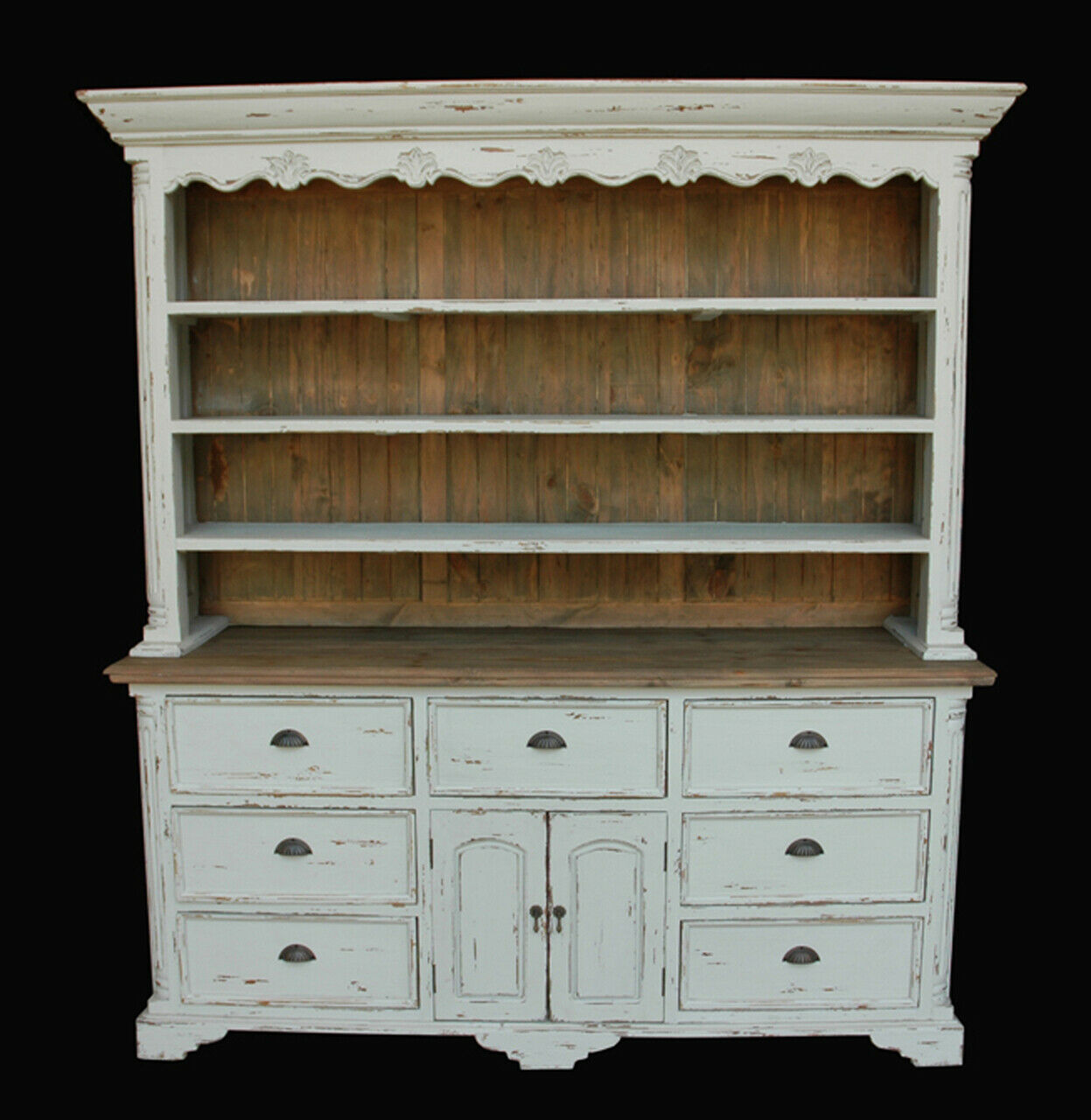 Farmhouse Buffet and Hutch Distressed White Natural Wood Accents ...