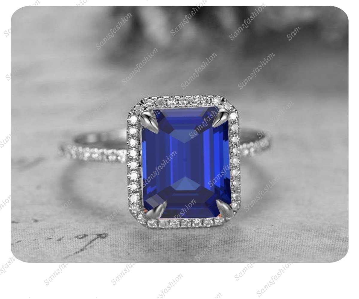 8x10mm Emerald Cut Blue Sapphire 14k White Gold Over 925 Silver Engagement Ring