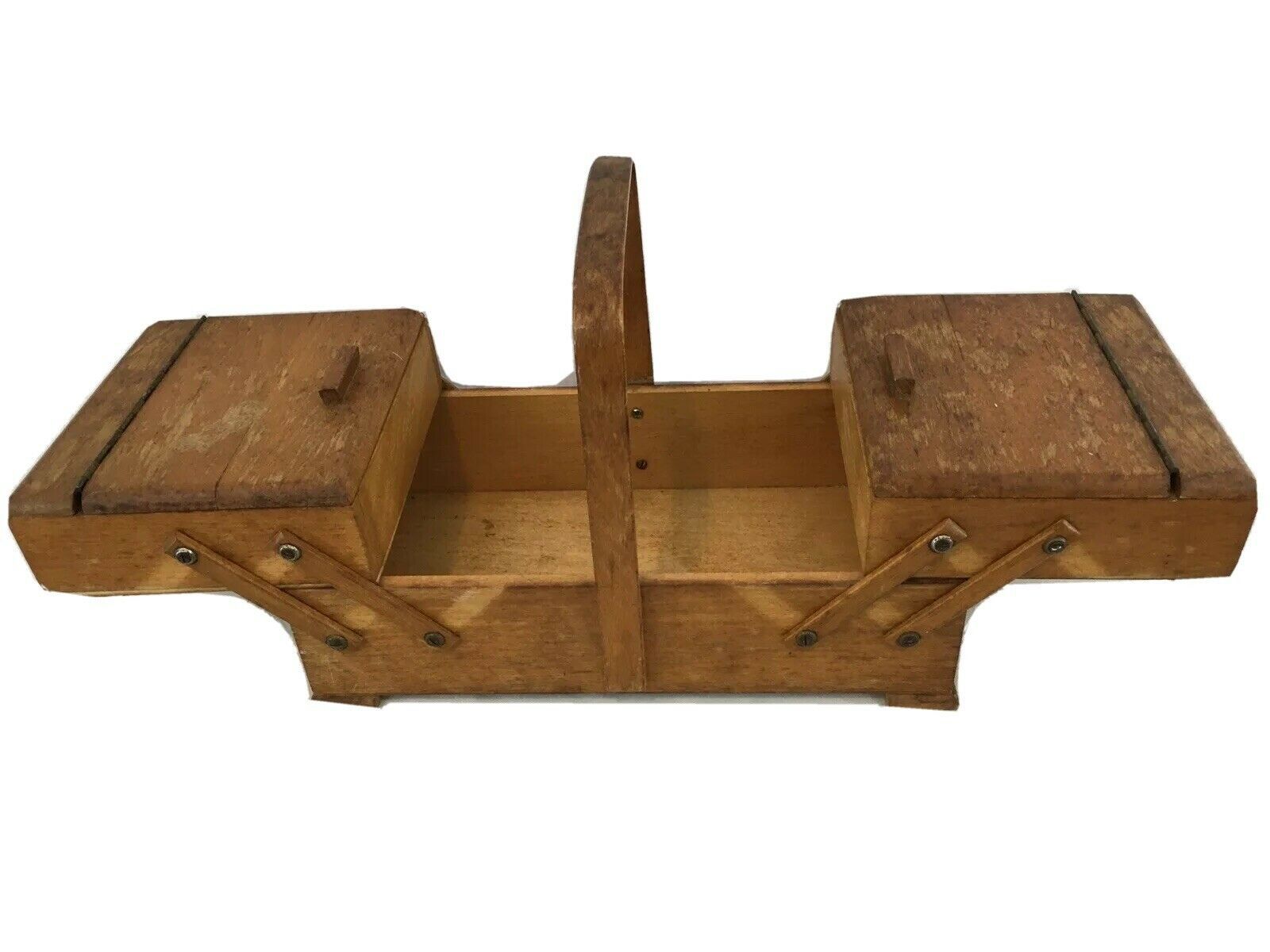 AS Strommen Bruk Hamar Norway Vtg Fold Out Accordion Wood Accessory Sewing Box Baskets & Boxes