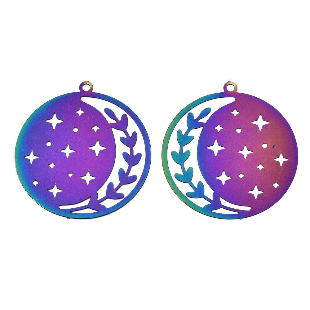 2 Moon and Star Pendants Rainbow Stainless Steel Celestial Sky Charms 33mm