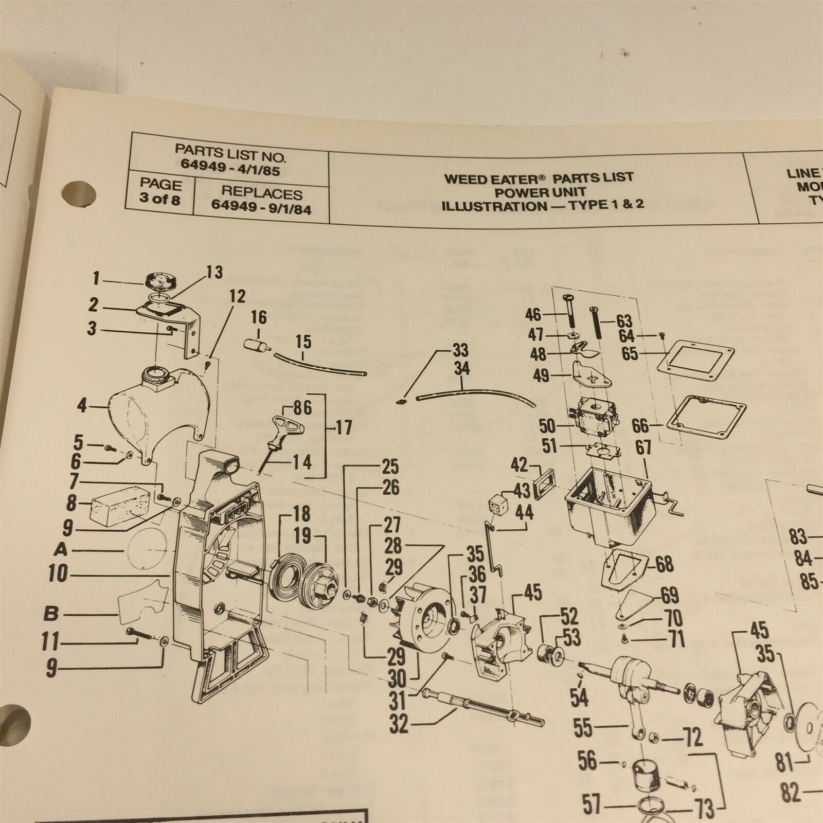 1985 Weed Eater Model 1700 Line Trimmer Parts List 64949 - String ...