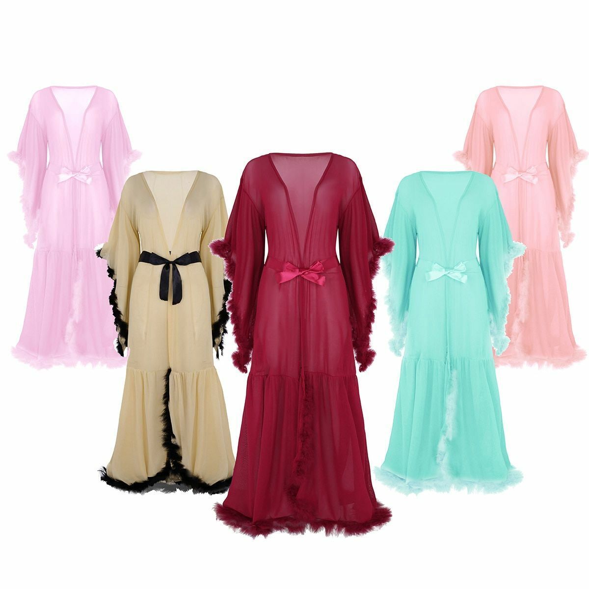 Women's Honeymoon Dress Mesh Nightwear See Through Sheer Flare Sleeves Nightgown