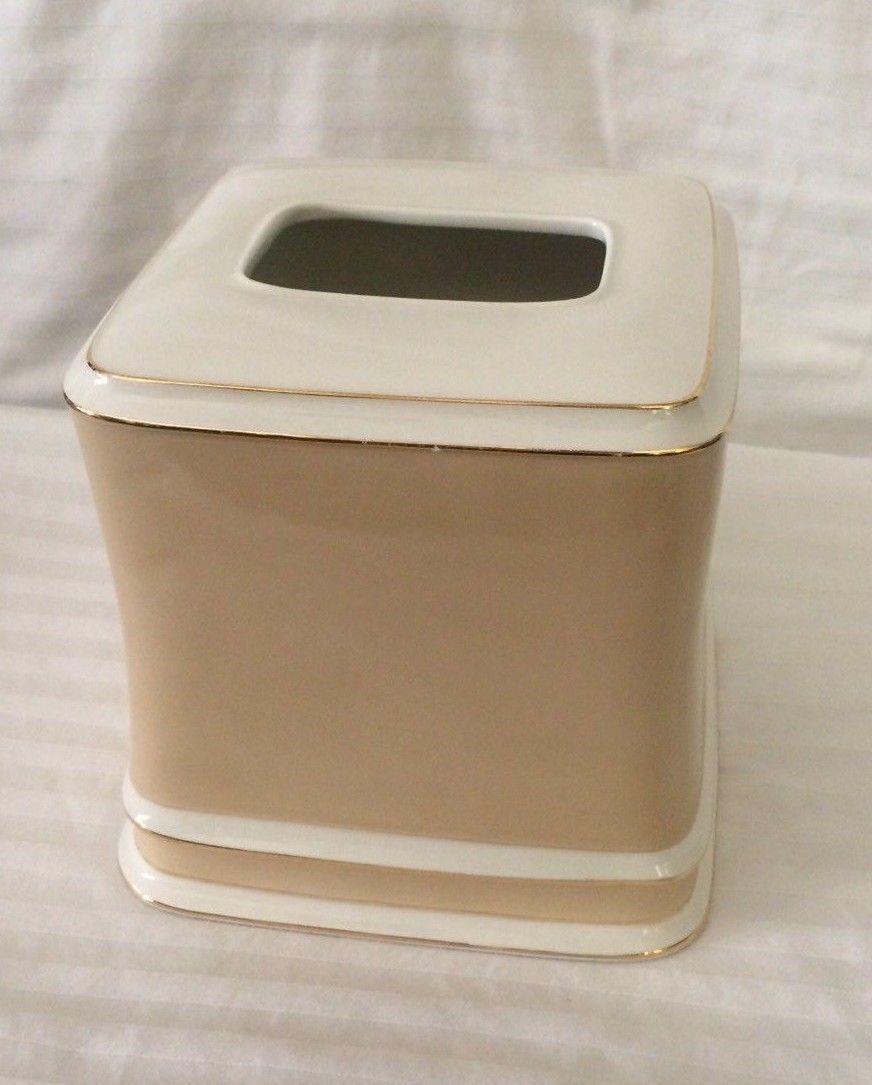 Ceramic Kleenex Tissue Box Cover White Satin & Beige w/Gold Pinstripes