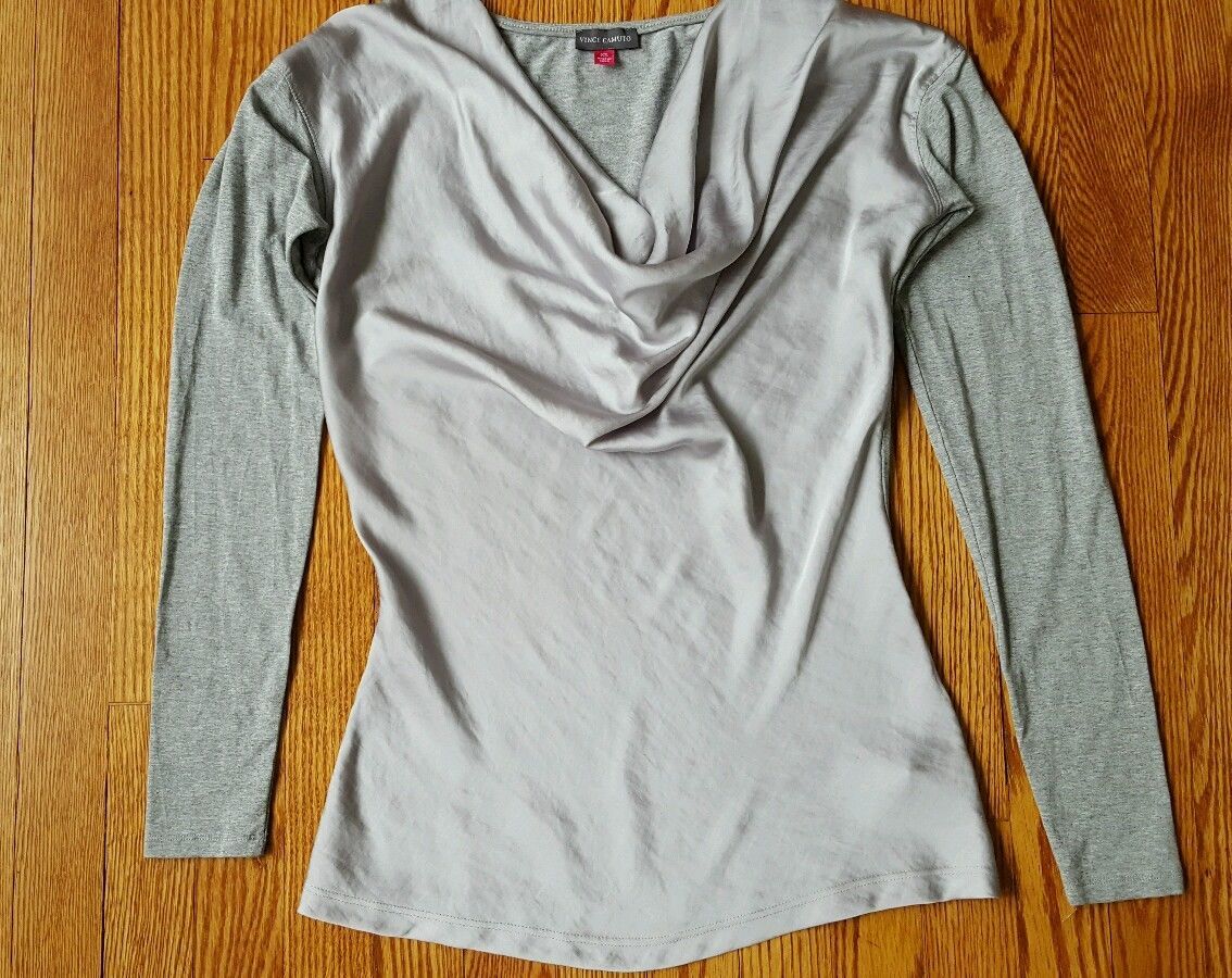 VINCE CAMUTO Womens Size XS Long Sleeve Cowl Neck Top Blouse Tunic two tone Gray - $11.34